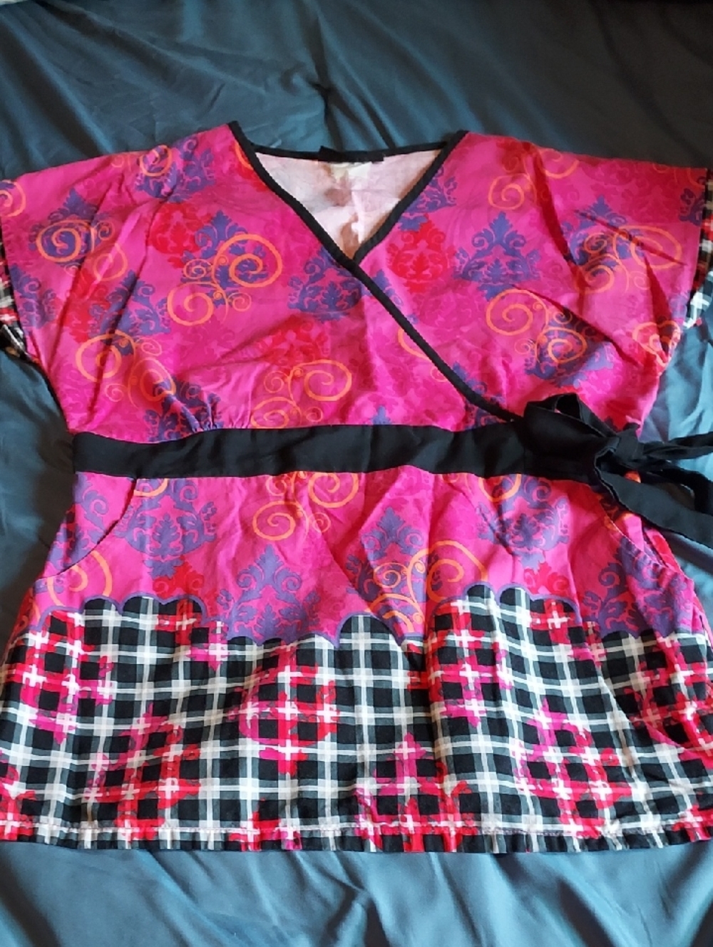 Pink Patterned Wrap-Style Top with Black Waist Tie